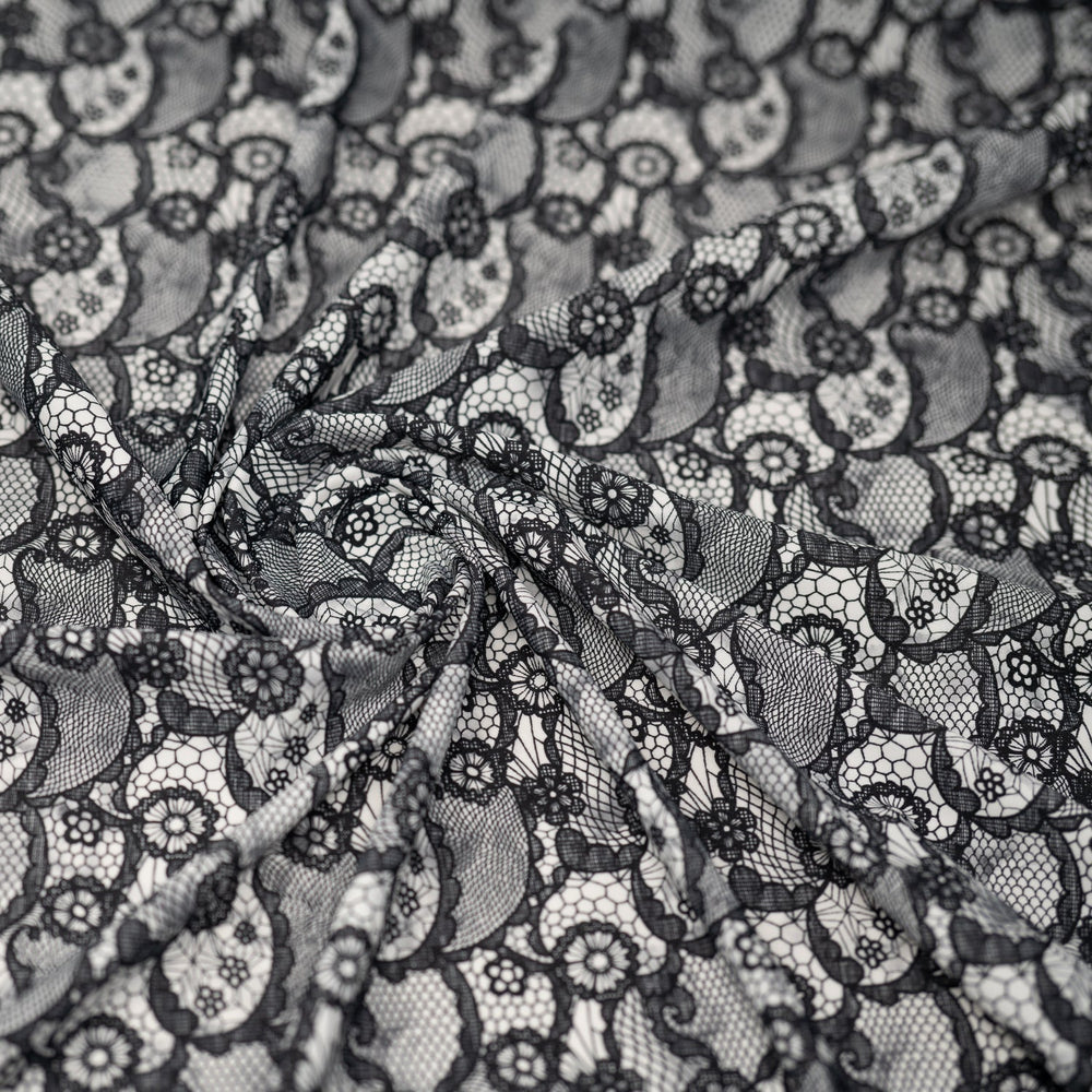 1 Yard Black Paisley Lace Pattern on White Printed Spandex Fabric 4-Way Stretch Nylon Blend 55/56 Width