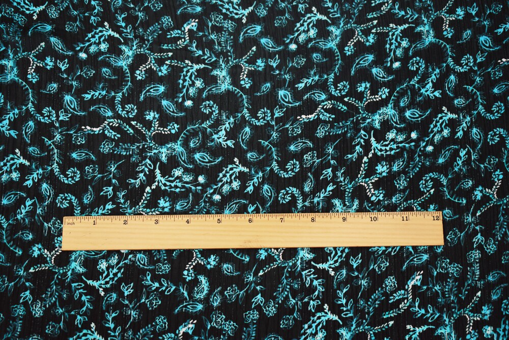 Navy-Silver-Multi Vine Printed Poly Yoryu Metallic Stripe Chiffon Fabric By the Yard