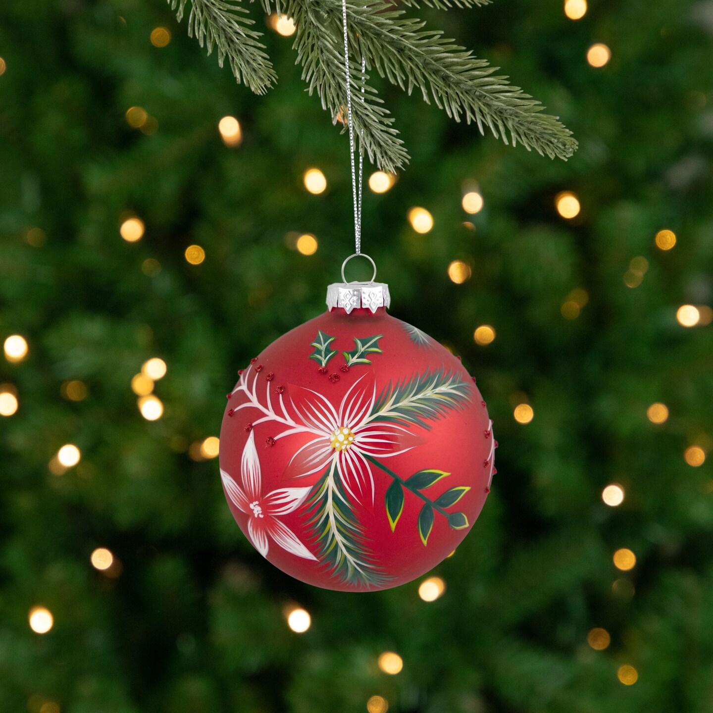 Northlight Poinsettia and Holly Glass Christmas Ball Ornament - 4" - Red
