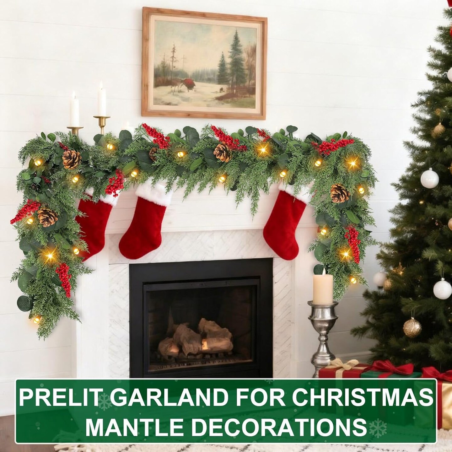 6Ft by 10 Inch Thicker Real Touch Cedar Garland with 30 Warm Lights (Real Touch Cedar Garland)