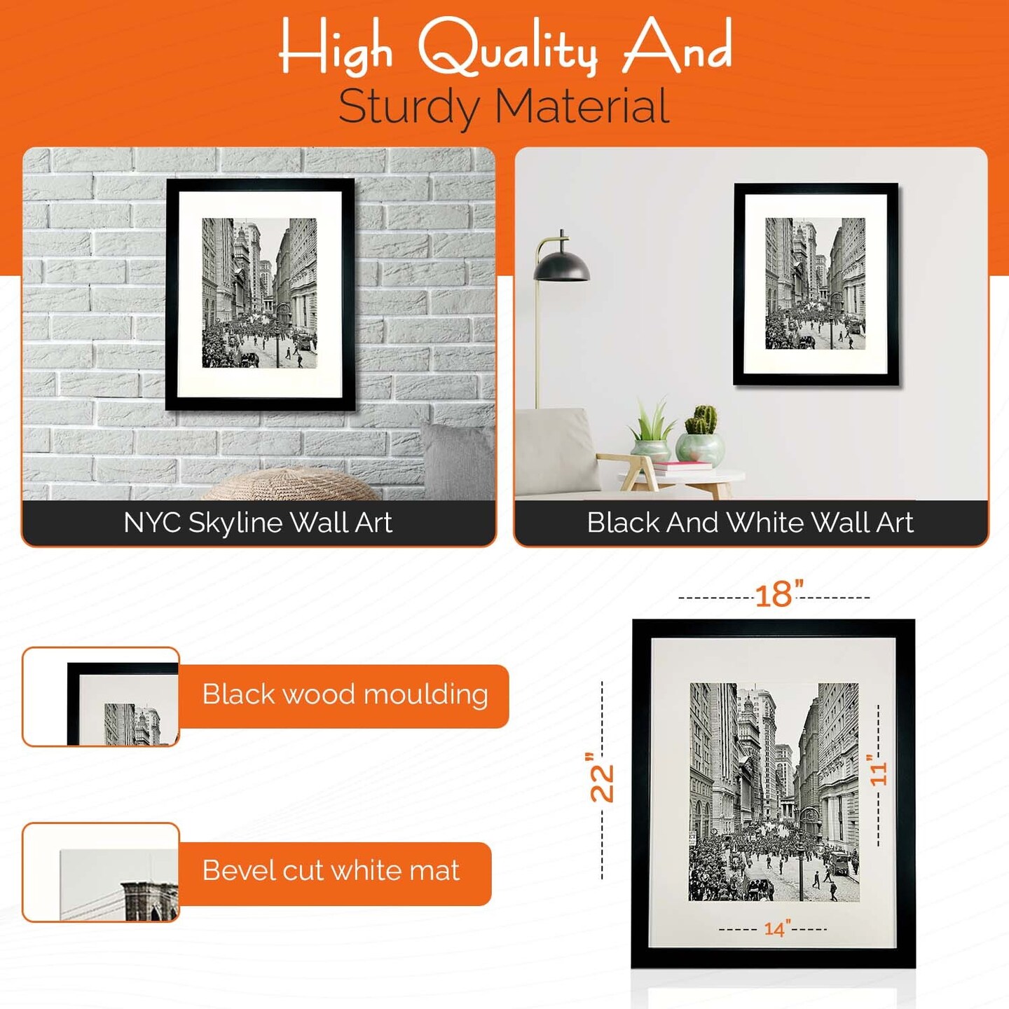 iFrame 18” x 22” Black Framed New York City Wall Street Skyline Print Framed Art Work For Wall Decor With Photo Mat | NYC Skyline Wall Art | Black And White Picture Wall Art Decor