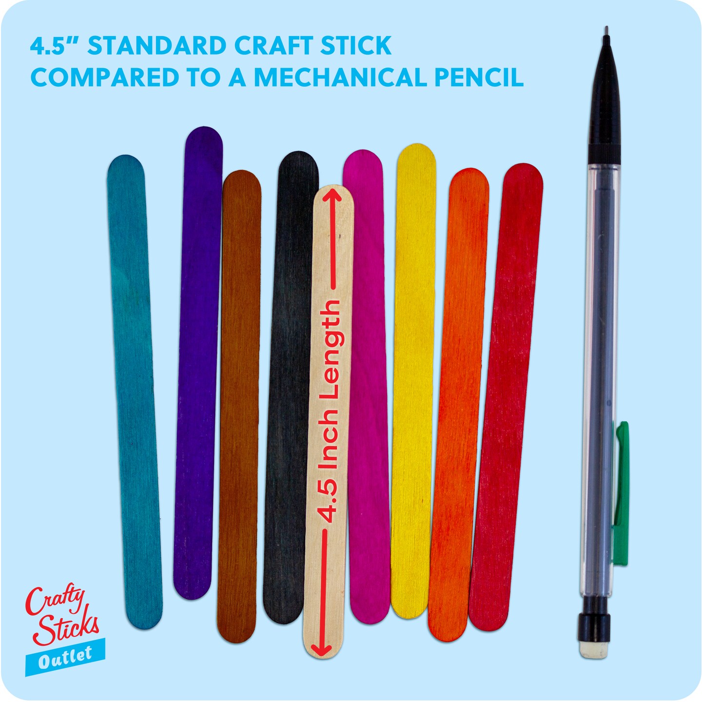 CraftySticks Colored Wood Craft Sticks 4.5 Inch, Red Orange Yellow Green Blue Purple White Black Pink Brown Popsicle Sticks