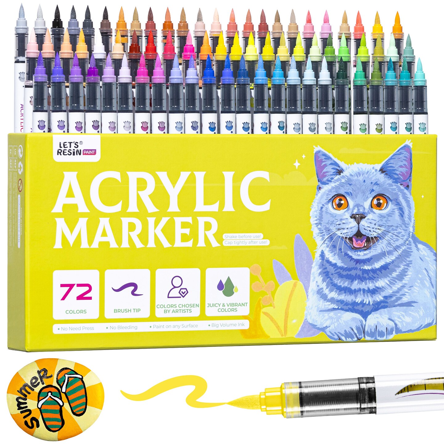 LET&#x27;S RESIN PAINT Acrylic Paint Markers Brush Tip 72 Colors,Automatic Ink Control Acrylic Paint Pens,No Bleed &#x26; Good Coverage Acrylic Markers for Coloring Books,Rock Painting,Canvas,Ceramic,Wood
