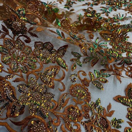 1 Yard Sparkling Beaded and Sequined Lace Fabric Embroidered on Polyester Net Mesh