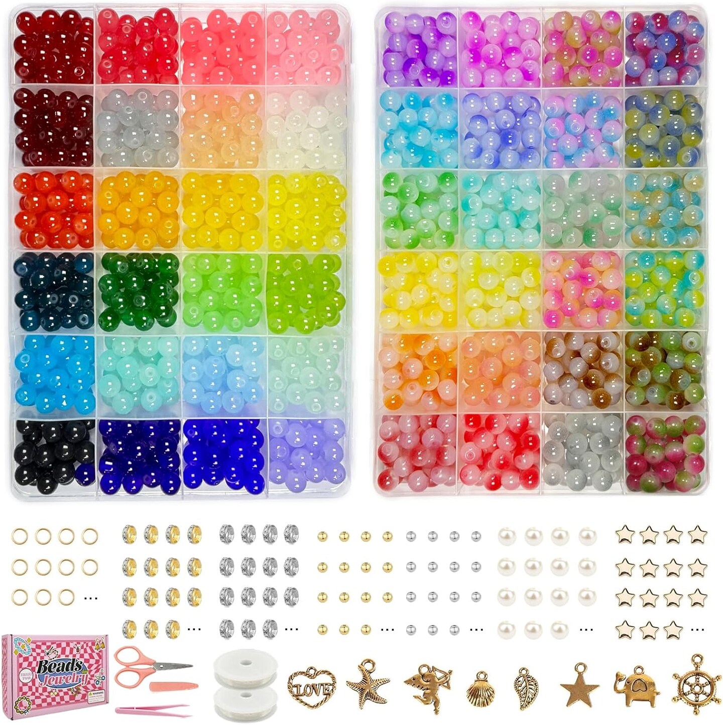 1500 Pcs 8mm Glass Beads Bracelet Making Kit (24 Solid Colors and 24 Mermaid Colors)