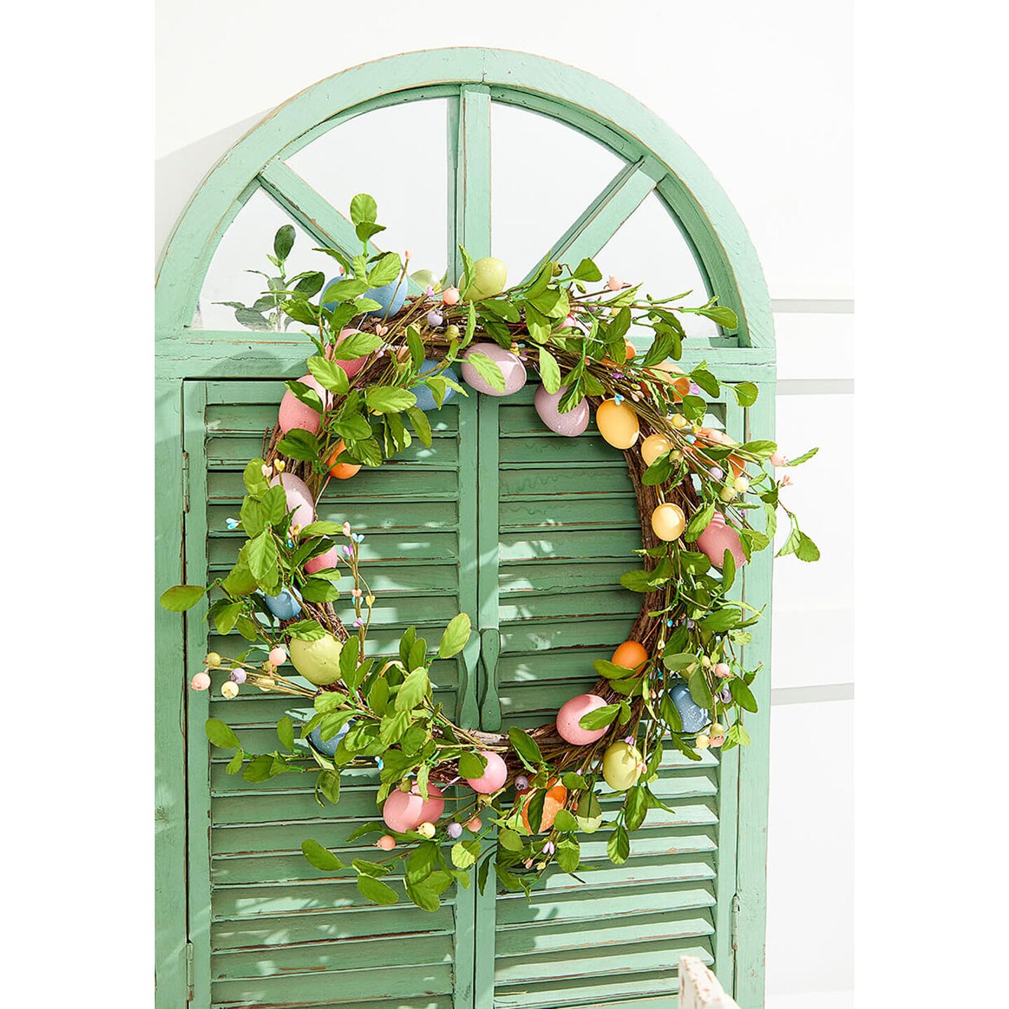 16" Easter Egg Wreath Spring Front Door Decor with Pastel Eggs and Floral Accents