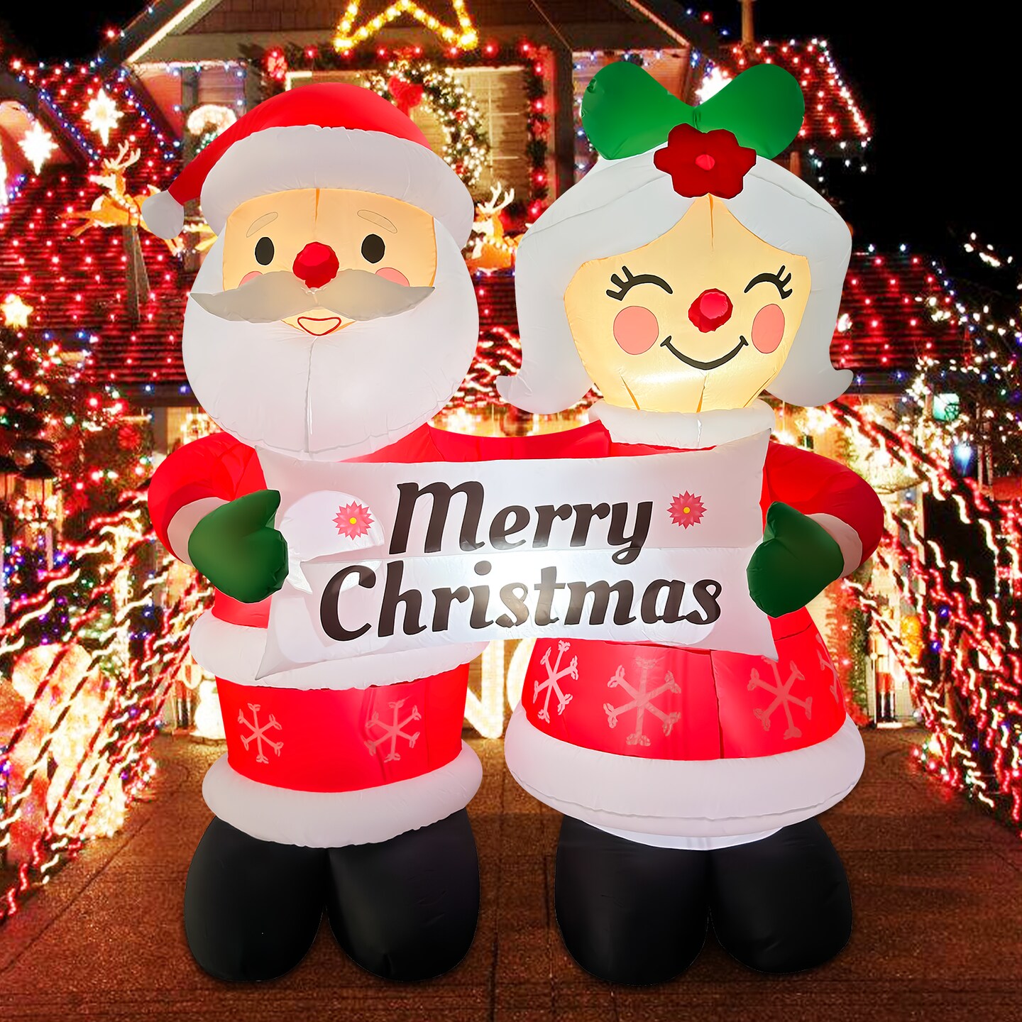 GOOSH 7FT Santa and Mrs. Claus Inflatable Holding &#x201C;Happy Holidays&#x201D; Sign with LED Lights