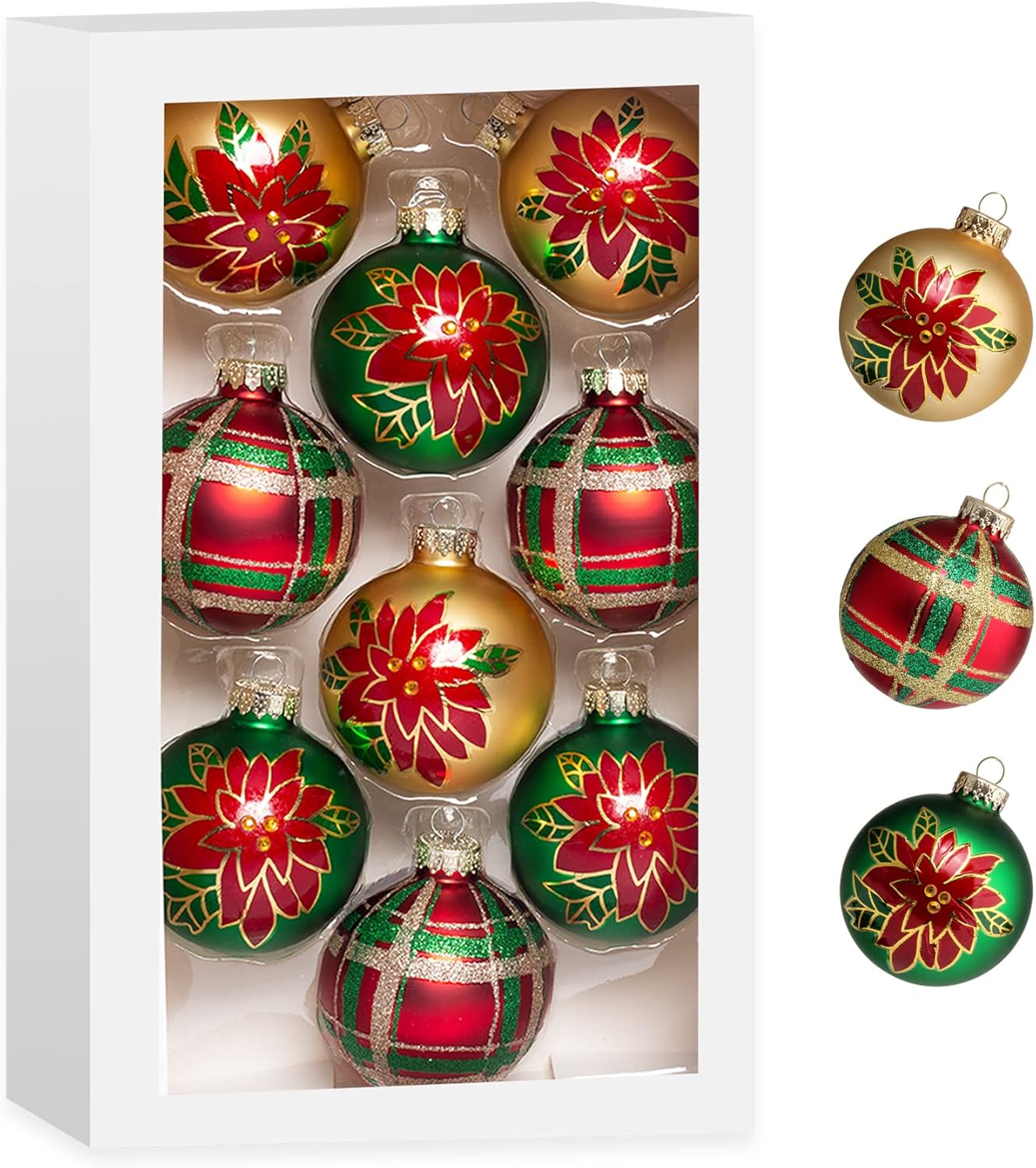 Christmas Colorful Glass Balls Decoration 9pc 2.65in (Red Gold Green Floral)
