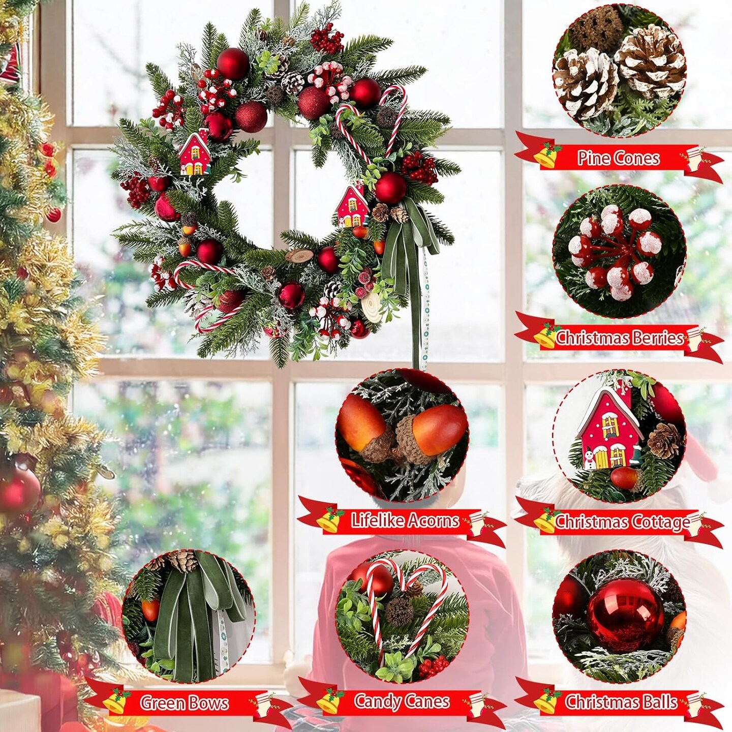 Christmas Wreaths for Front Door with Candy Canes Christmas Ball Ornaments (Red) 8&#x22;D x 20&#x22;W x 20&#x22;H