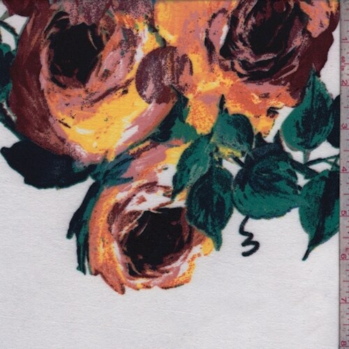 White Large Rose Double Brushed Jersey Knit Fabric By the Yard