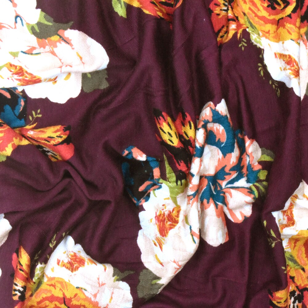 Maroon Red-Orange-Multi Floral Printed Rayon Stretch Jersey Knit Fabric By the Yard