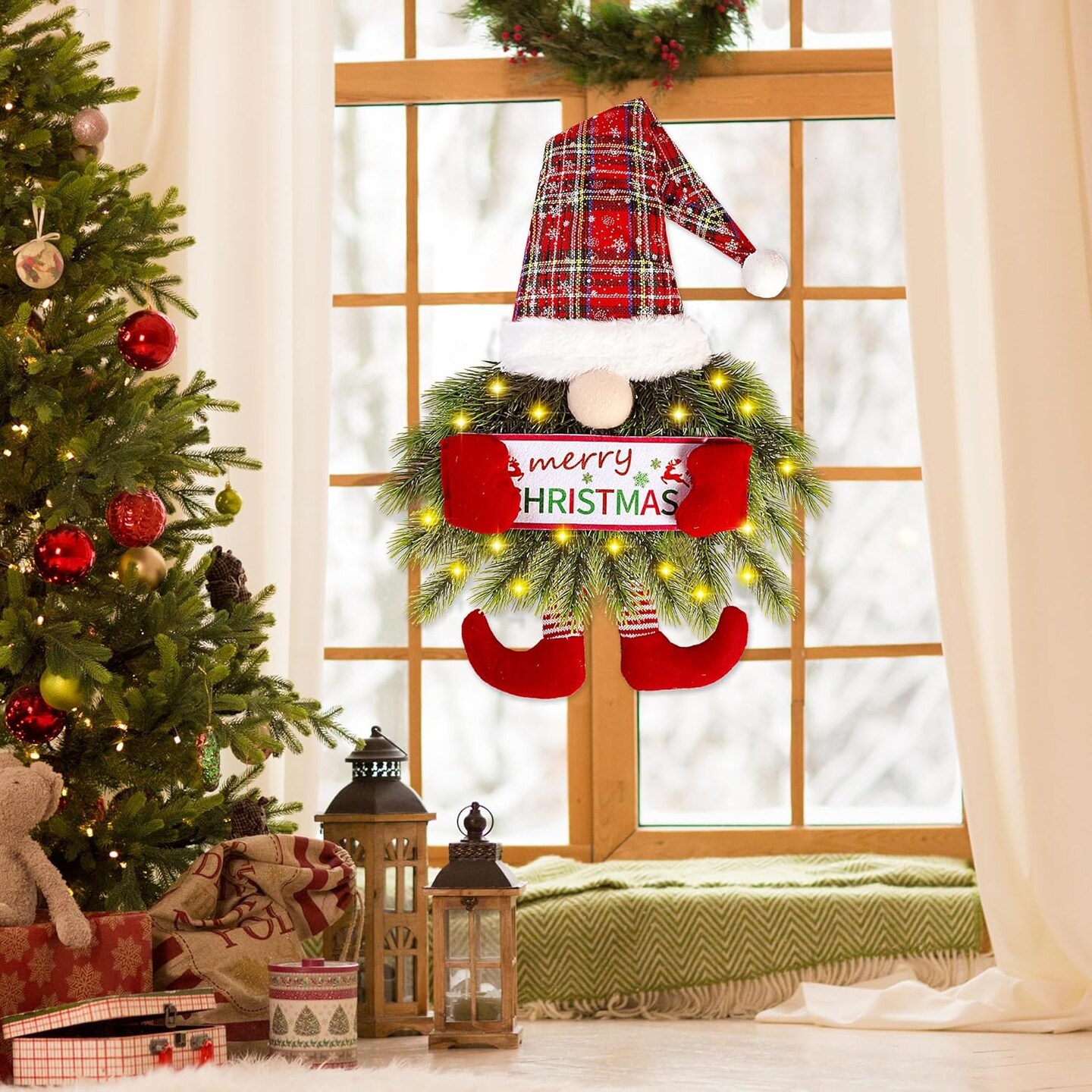 Christmas Gnome Wreath with Lights (Red) 11.8"D x 7.8"W x 0.3"H