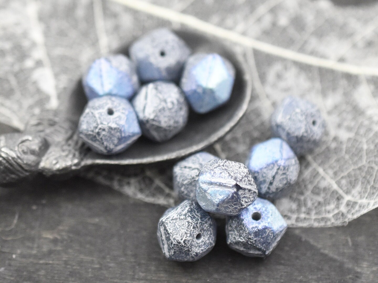 Silver Washed Etched Gray AB Antique Cut Round Beads -- Choose Your Size
