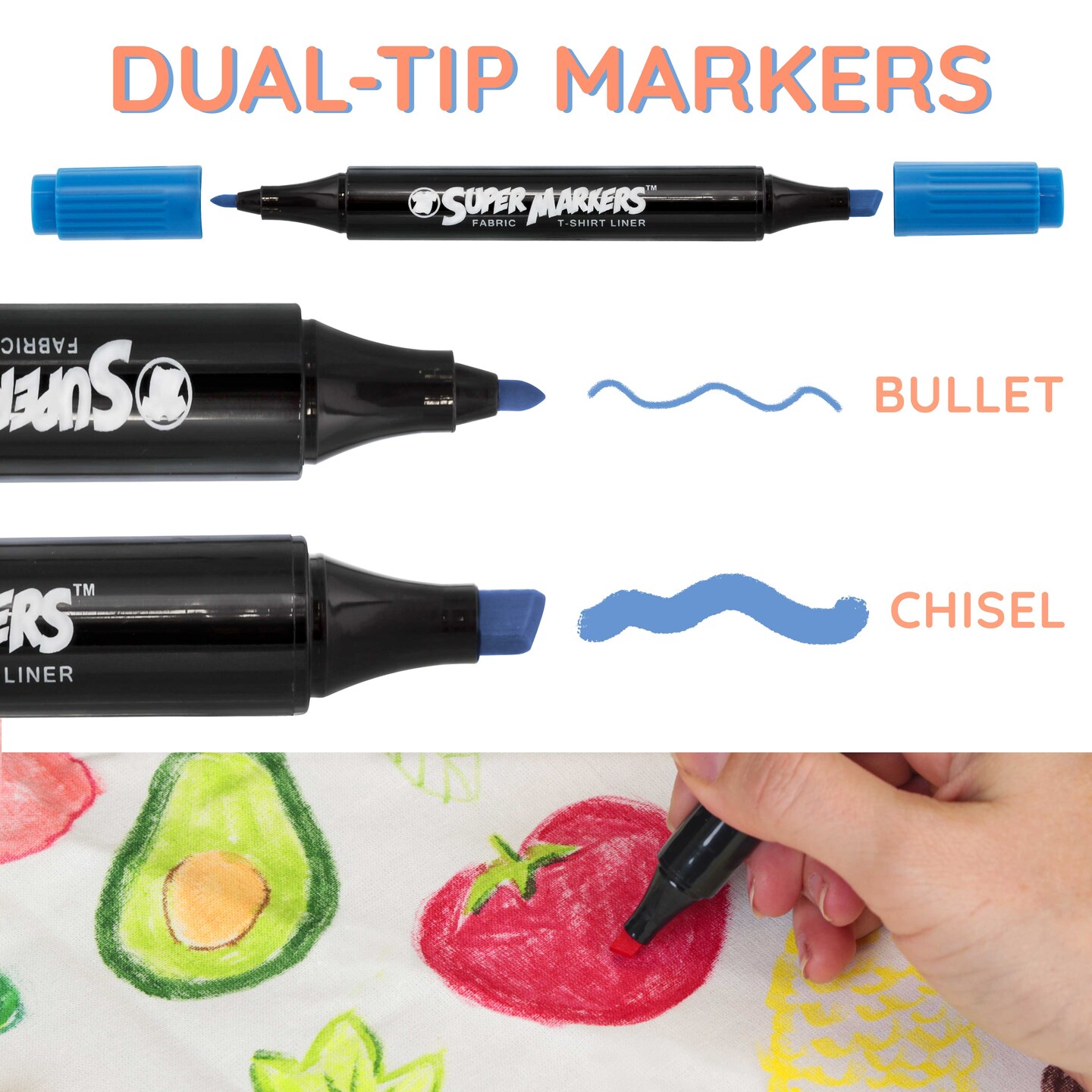 Super Markers 60 Unique Primary, Pastel, Neon Colors Dual Tip Fabric &#x26; T-Shirt Marker Set - Double-Ended Fabric Markers with Chisel Point and Fine Point Tips