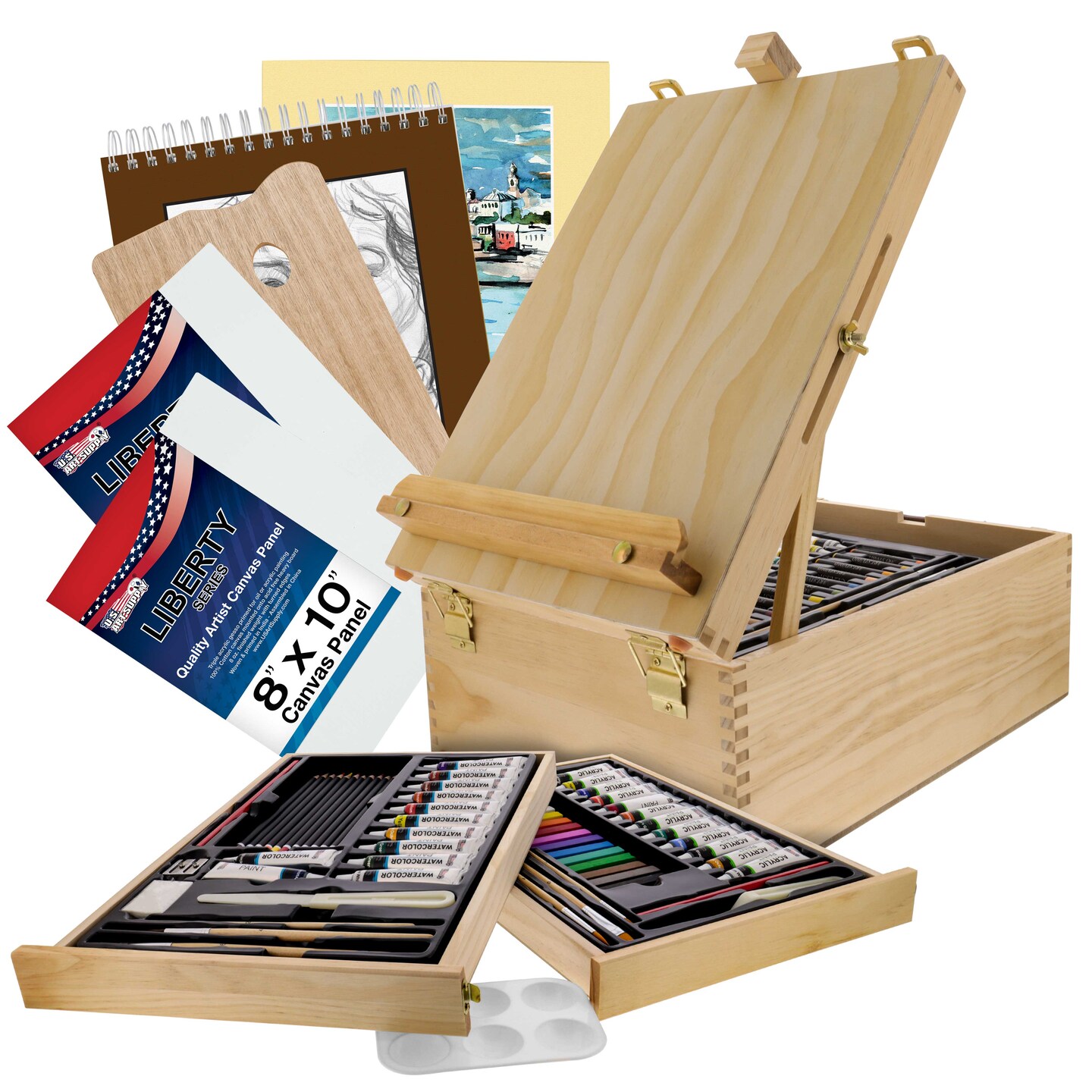 95 Piece Wood Box Easel Painting Set - Oil, Acrylic, Watercolor Paint Colors &#x26; Paint Brushes, Oil Artist Pastels, Pencils, Watercolor &#x26; Sketch Pads