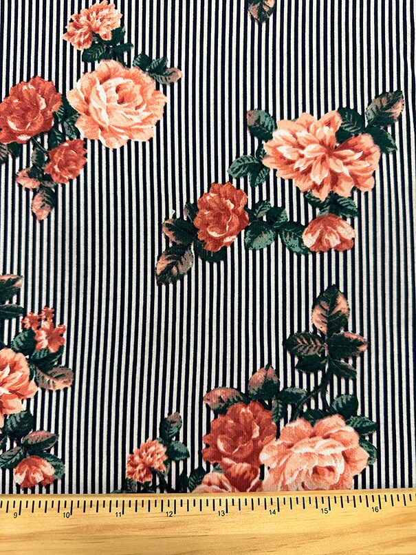 Peach Floral Black Stripe Print Double Brushed Jersey Knit Fabric By the Yard