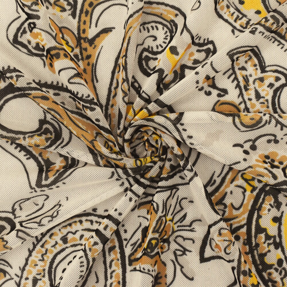 Yellow-Black-Beige Famous Designer Poly Stretch Paisley Printed Mesh Fabric By the Yard