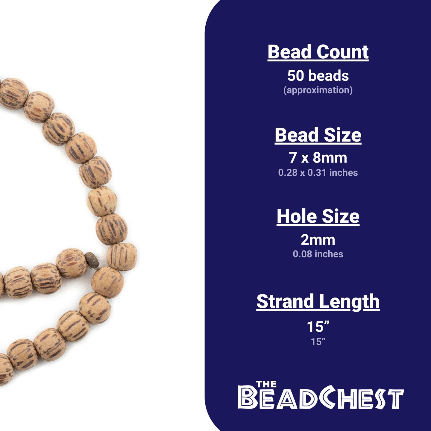 The Bead Chest Unwaxed Round Natural Palm Wood Beads 8mm Brown Large Hole 15”