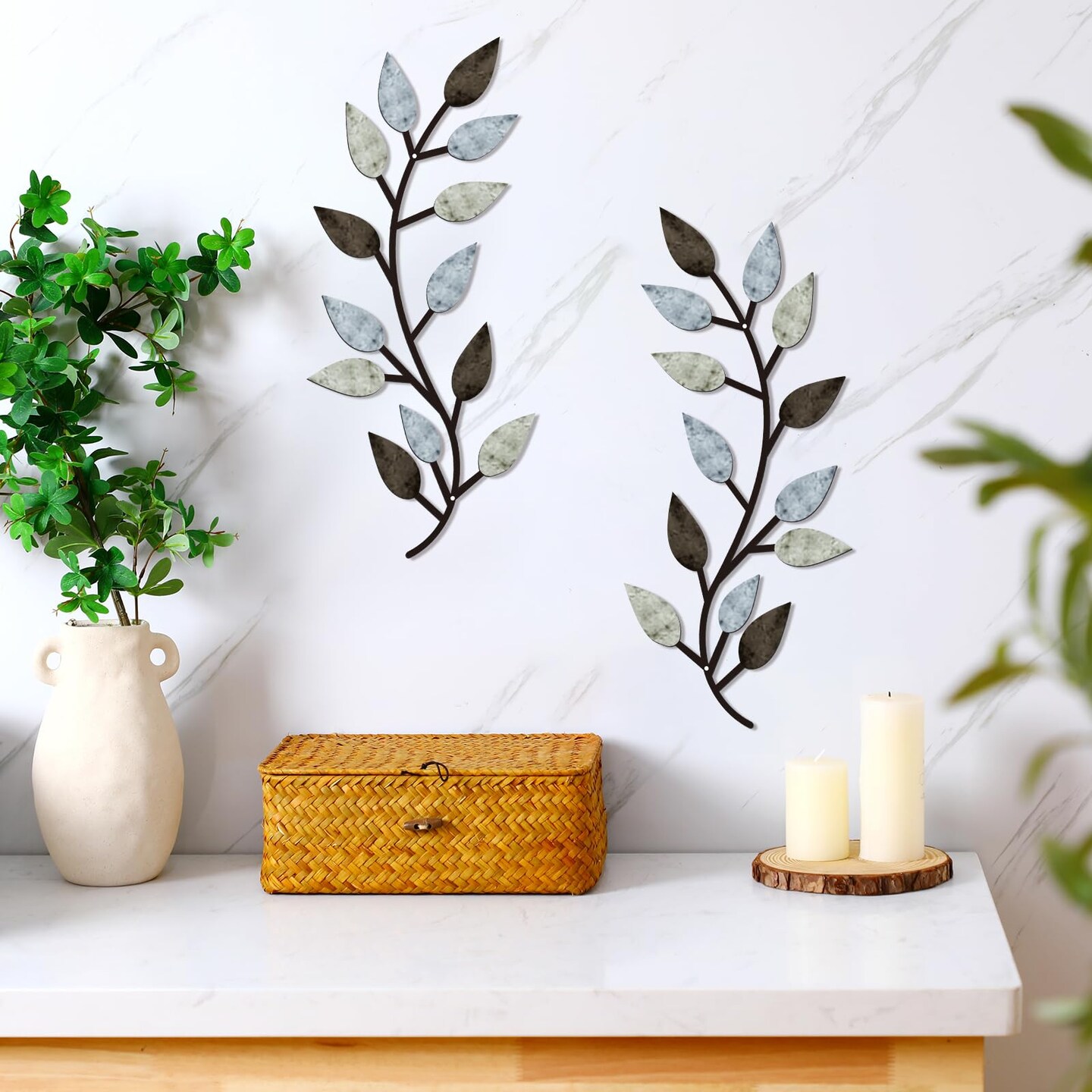 2 Pieces Metal Tree Leaf Wall Decor Vine Olive Branch Leaf Wall Art Living Room, Hallway Wall Decor Outdoor Decoration(Pastel Colors)