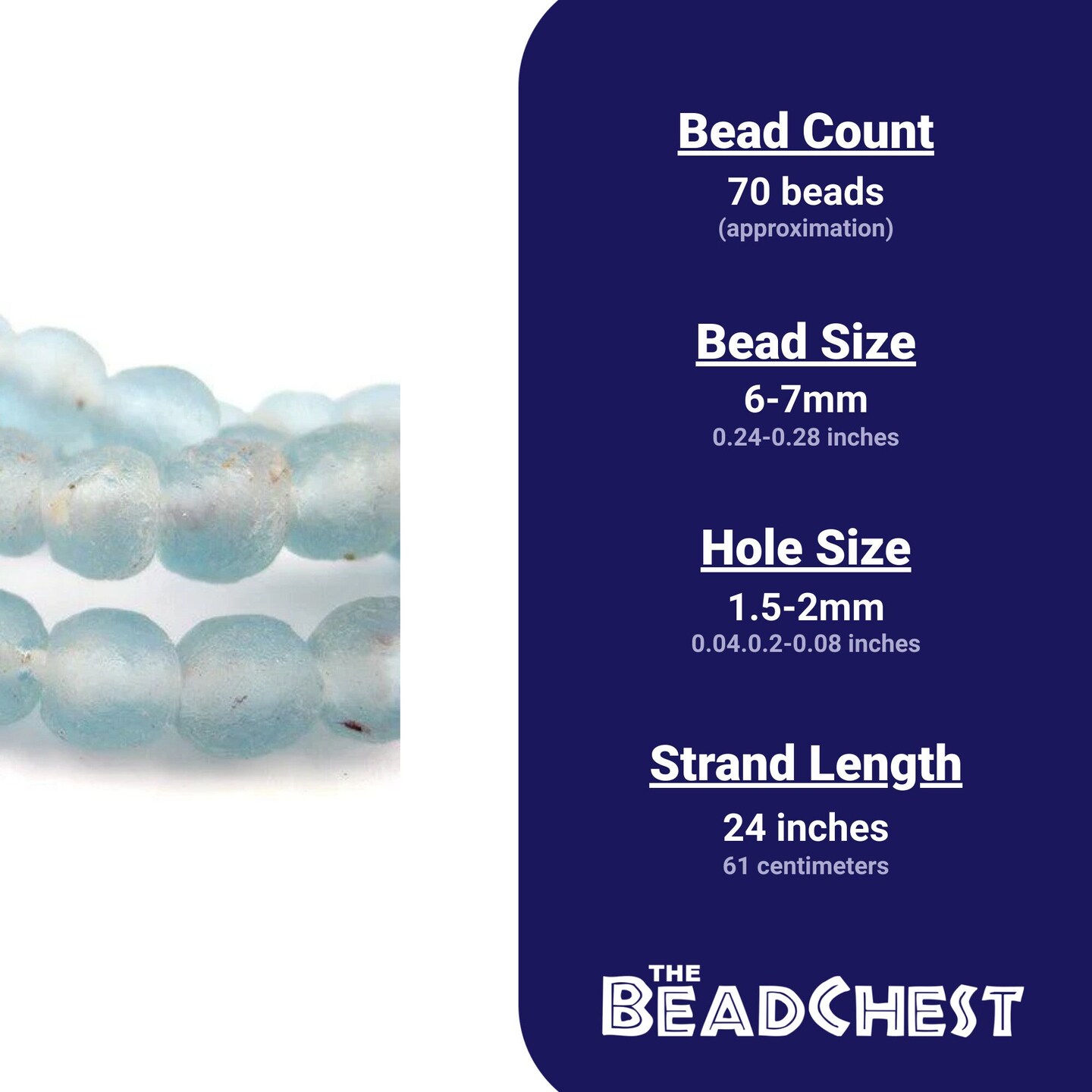 The Bead Chest African Recycled Glass Beads – Handmade in Ghana – Light Blue 7mm Strand for Jewelry Making, Crafts, and Home Decor I Approximately 70 Beads