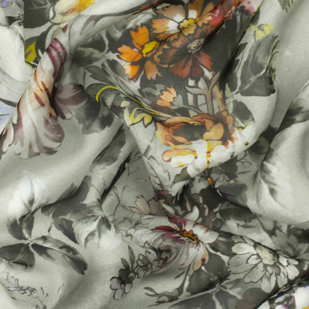 Forest Gray-Brown-Multi Famous Designer Floral Printed Silk Chiffon Fabric By the Yard