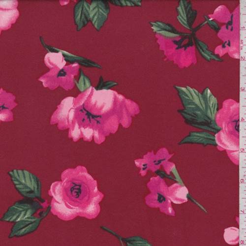 Crimson/Pink Floral Double Brushed Jersey Knit Fabric By the Yard