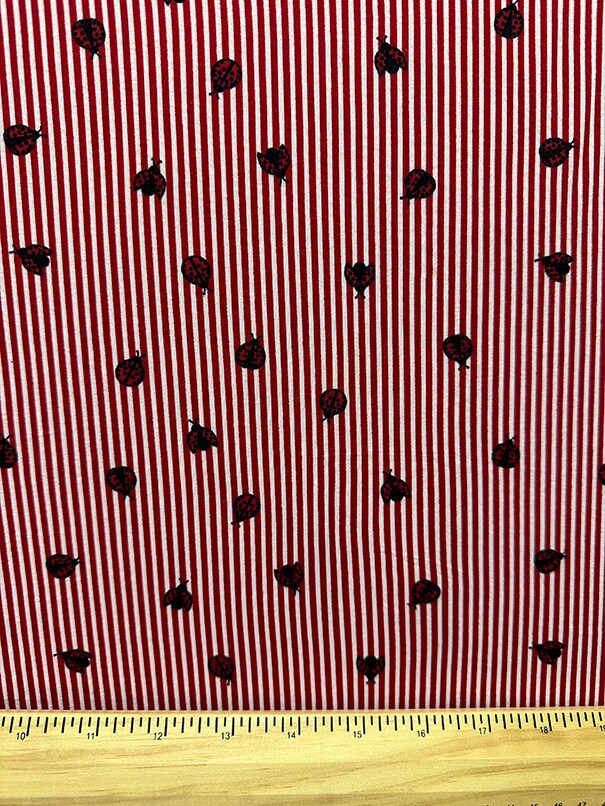 Red Stripe Ladybug Print Double Brushed Jersey Knit Fabric By the Yard