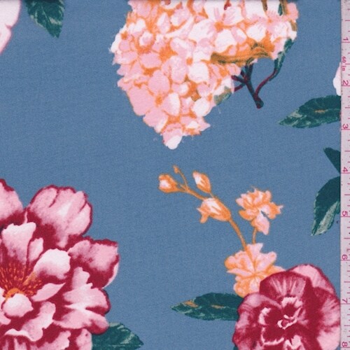 Dusty Blue Hydrangea/Floral Double Brushed Jersey Knit Fabric By the Yard