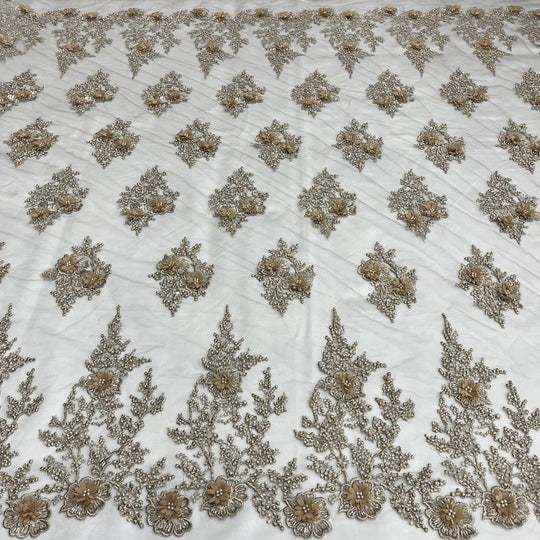 1 Yard Silver Beaded 3D Floral Lace Fabric Embroidered on Polyester Net Mesh Couture 52 Inch Width