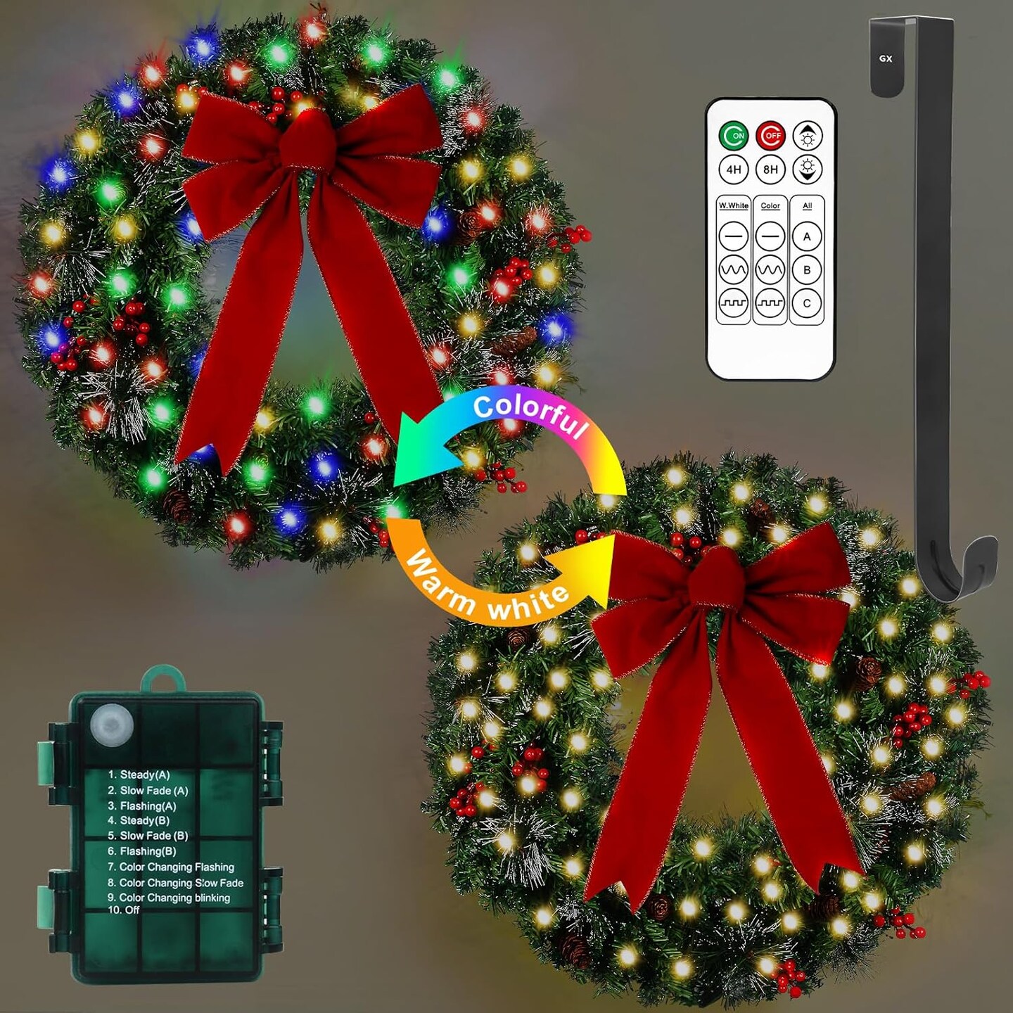 24in Prelit Christmas Wreath with Lights Timer and Remote (Warm White& Colorful) 3"D x 24"W x 24"H