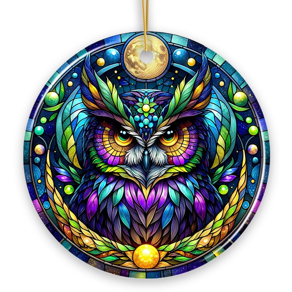Nocturnal Enchanter Mysterious Owl Stained Glass Style Ceramic Ornament, Halloween Themed Christmas Gift and Decor