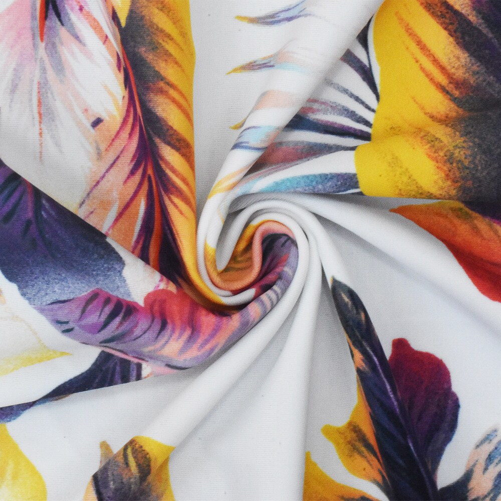 White-Purple-Multi Leaves Printed Stretch poly Tricot Knit Swimwear Fabric By the Yard