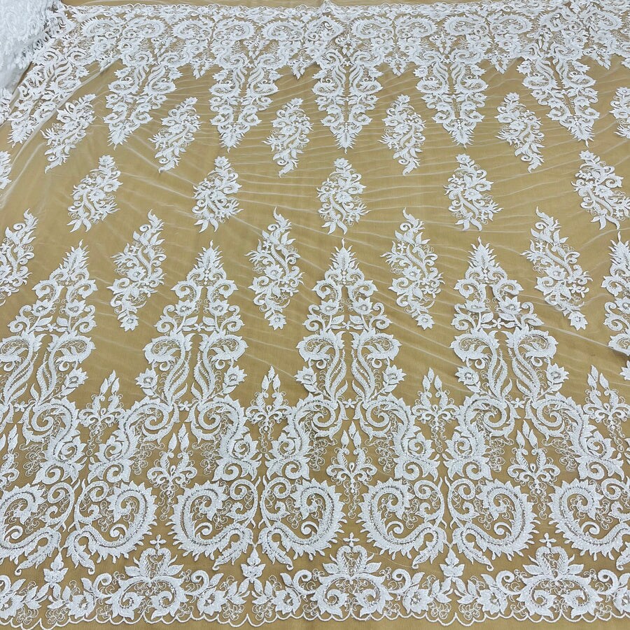 1 Yard Exquisite Beaded Lace Fabric Embroidered on Polyester Net Mesh