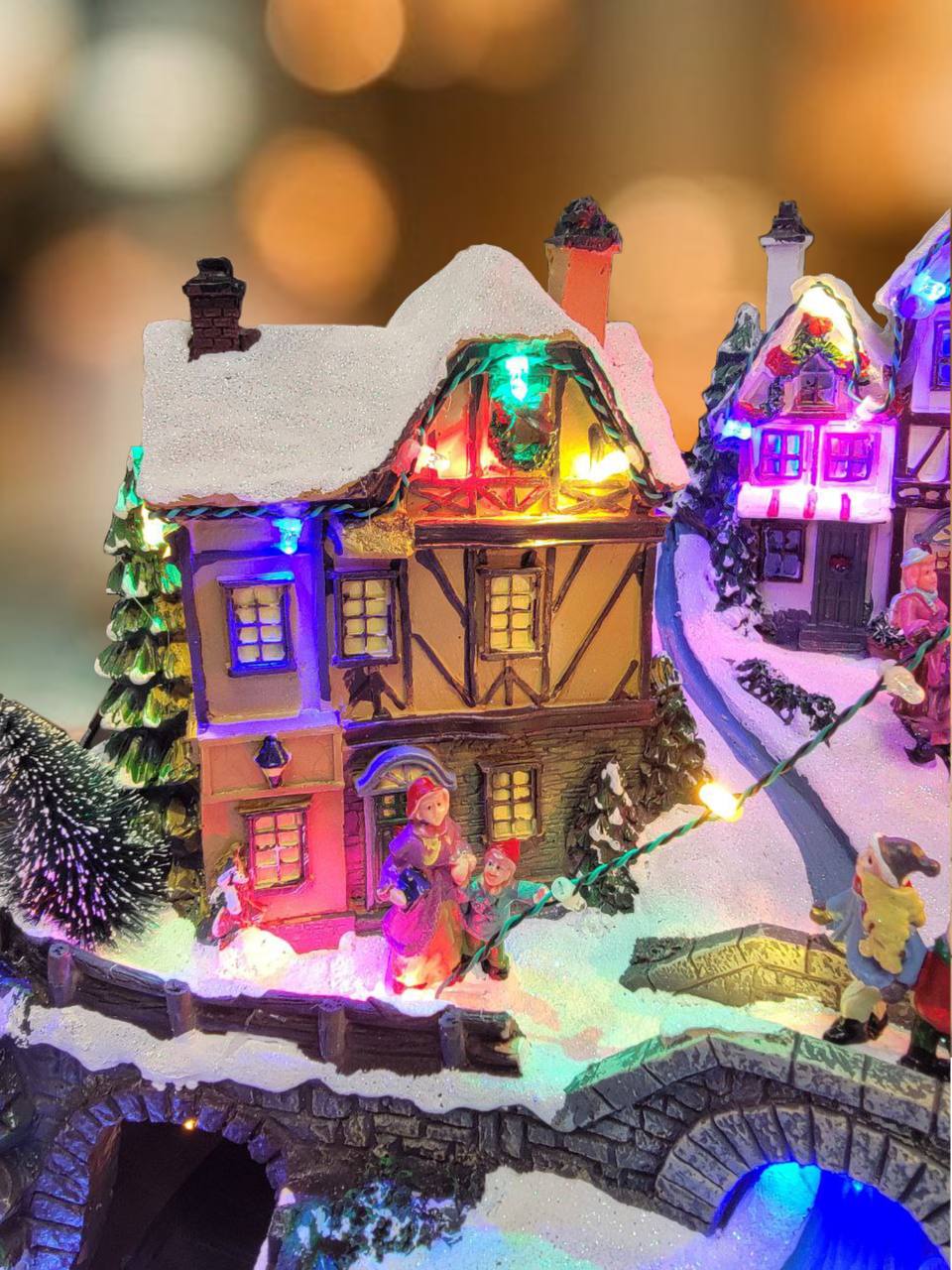Winter Christmas Village with Train. Christmas Miniature.