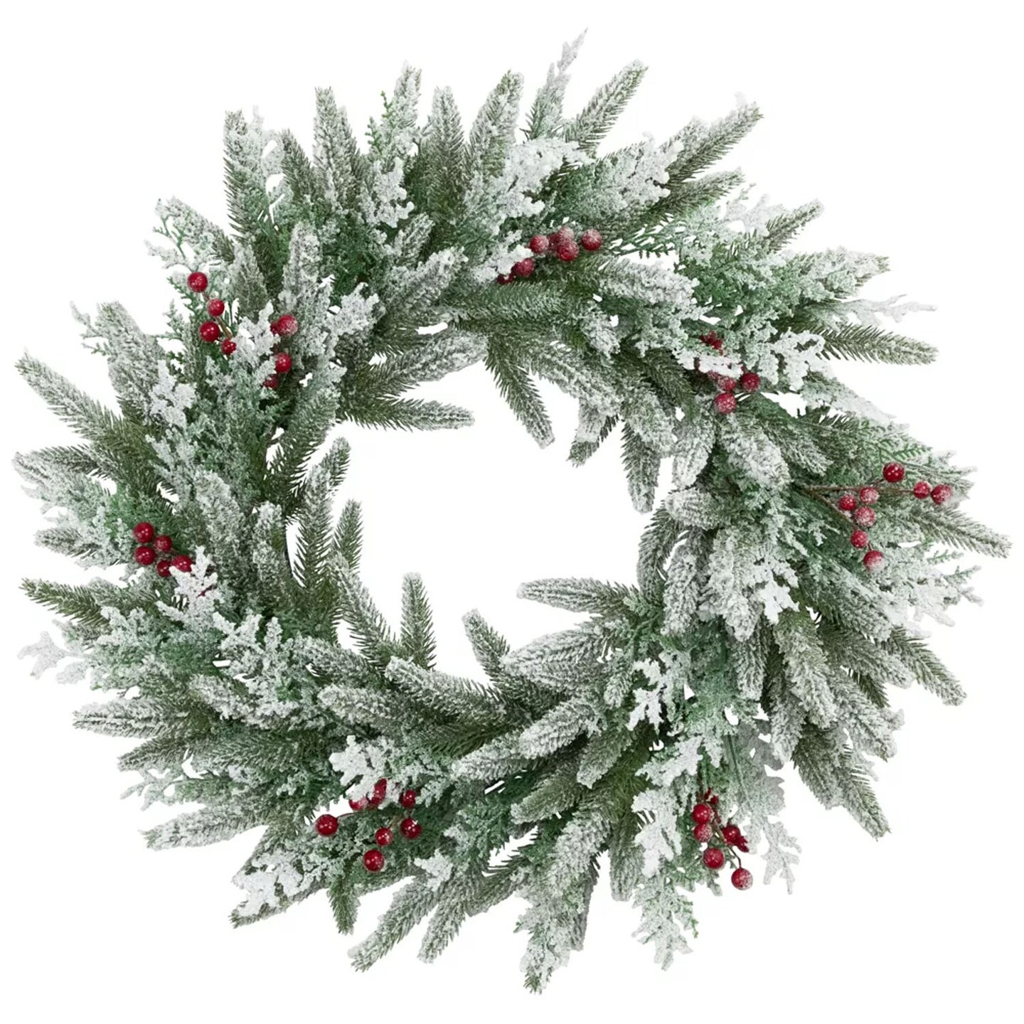 Flocked Wind River Fir Artificial Christmas Wreath with Berries 24 Inch