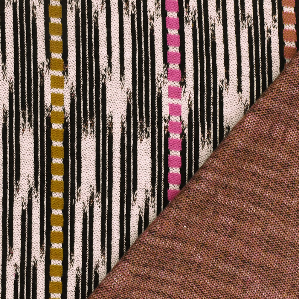 Pink Ivory-Black-Multi Abstract Ikat Stripe Stretch Double Knit Fabric By the Yard