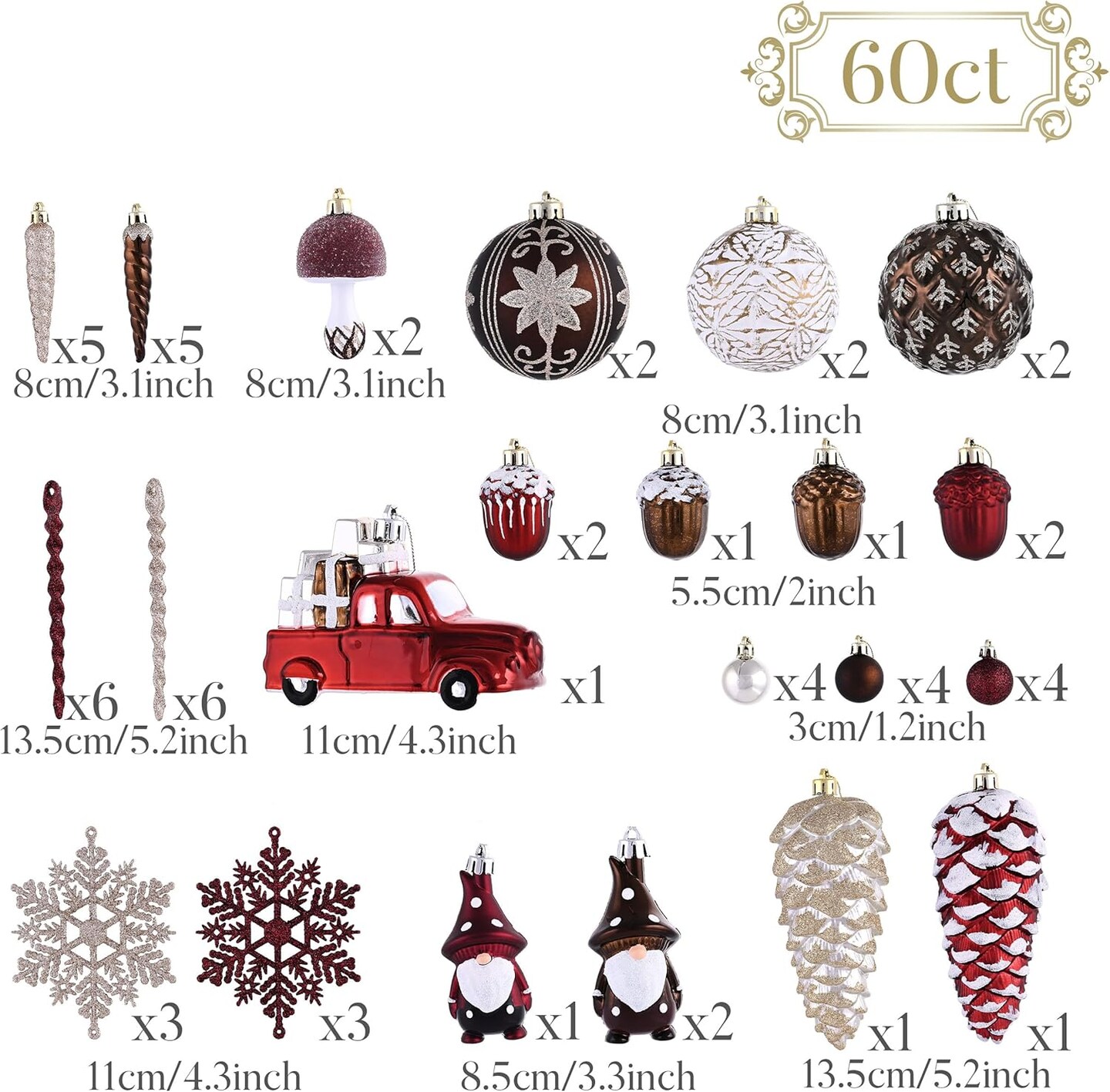 60ct Copper Shatterproof Christmas Tree Ornaments Set (Red, White)