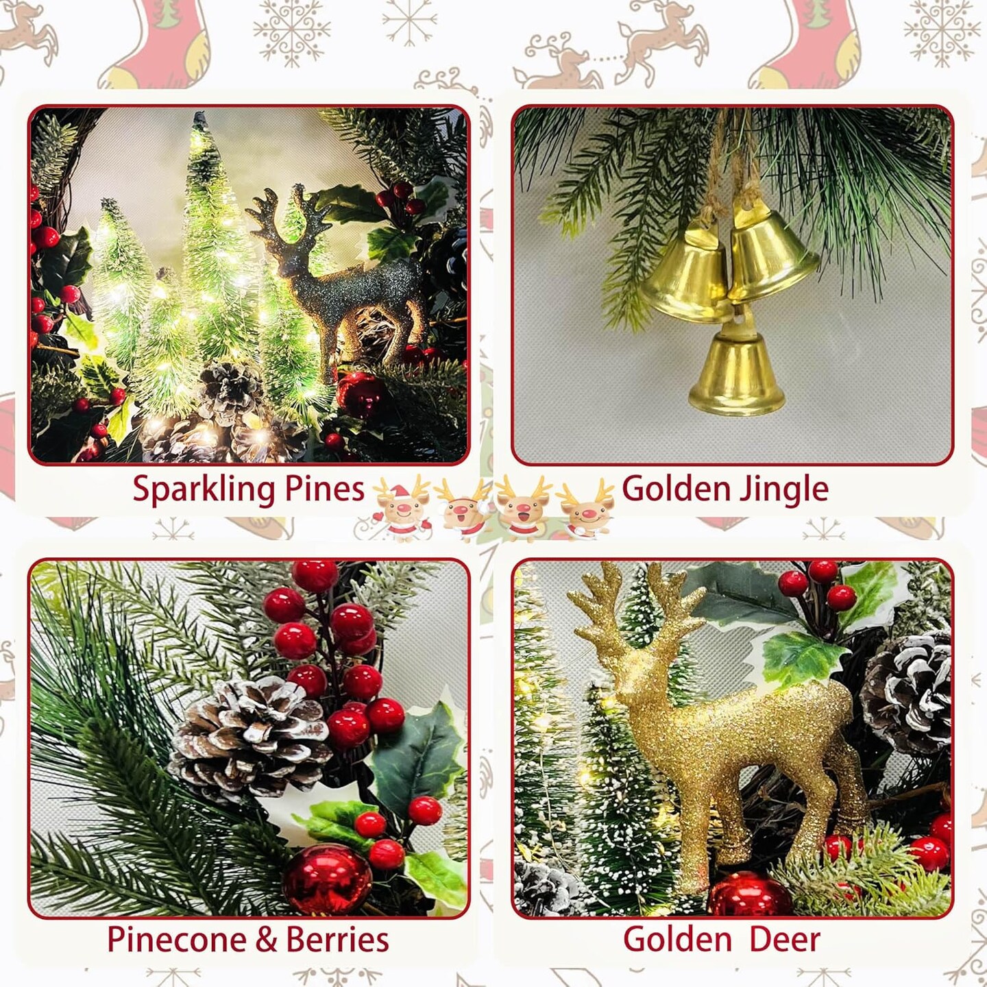 Pre-Lit Christmas Wreath for Front Door (Green/Red/Brown/Gold) 5&#x22;D x 21&#x22;W x 18&#x22;H