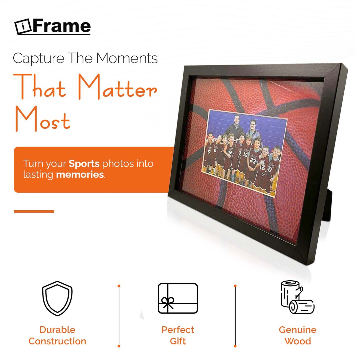 iFrame Commemorative Basketball Sports Athletics Frame I Fits 5x7 Photograph, Real Wood Black Finish, Desktop, Table Or Wall Mount I Shatterproof Plexiglass I Made in the USA
