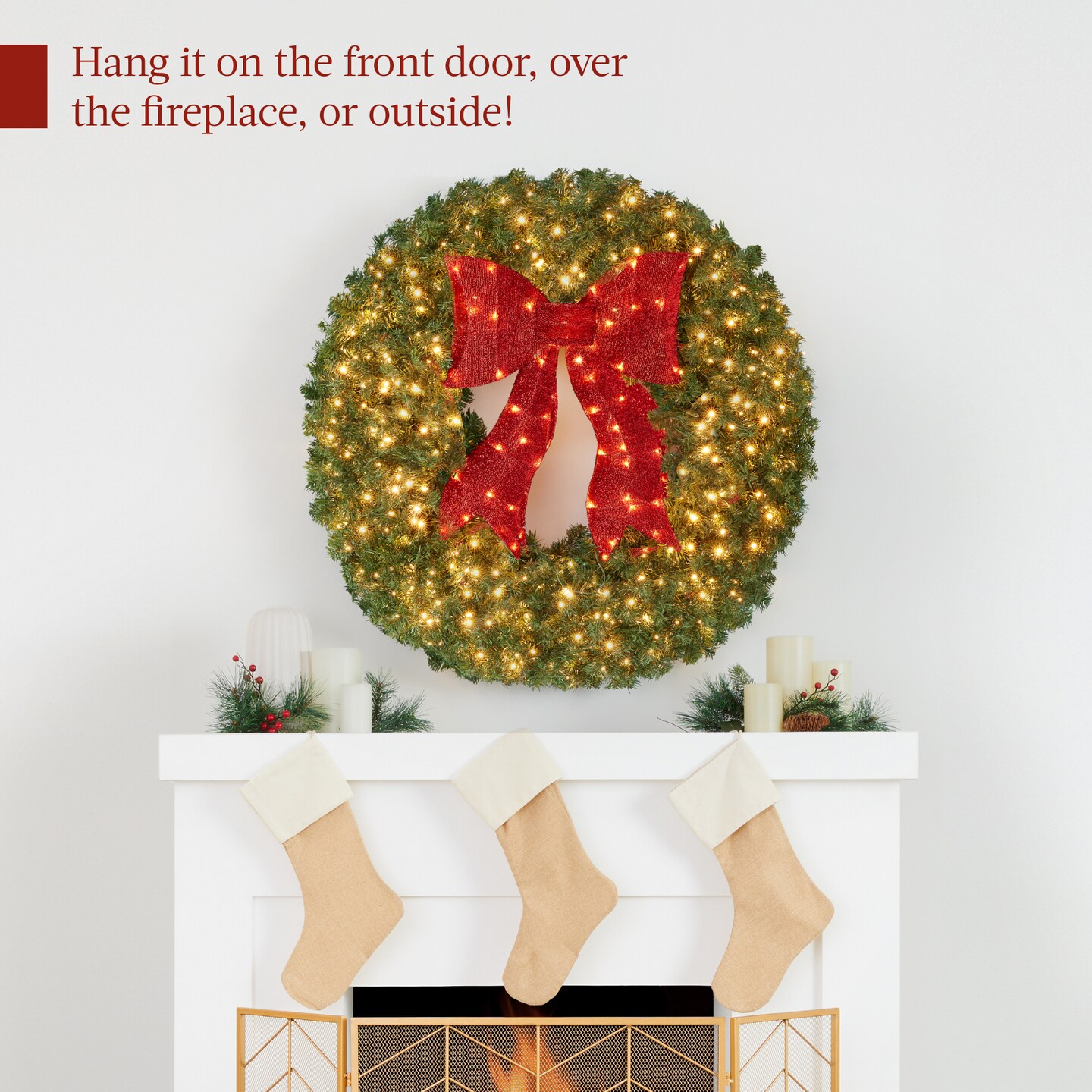 Best Choice Products Artificial Pre-Lit Fir Christmas Wreath D&#xE9;cor w/ Red Bow, LED Lights, Tips, Plug-In