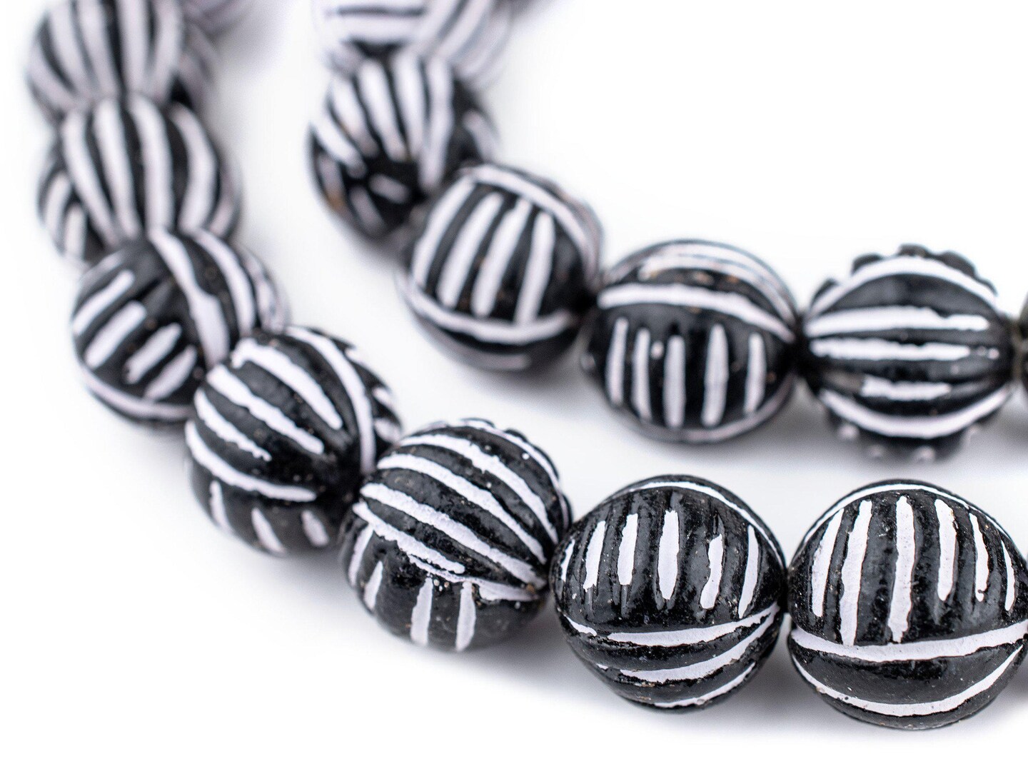 The Bead Chest Terracotta Black & White Scratch Beads 16mm Black and White Round Clay Large Hole 24 Inch Strand