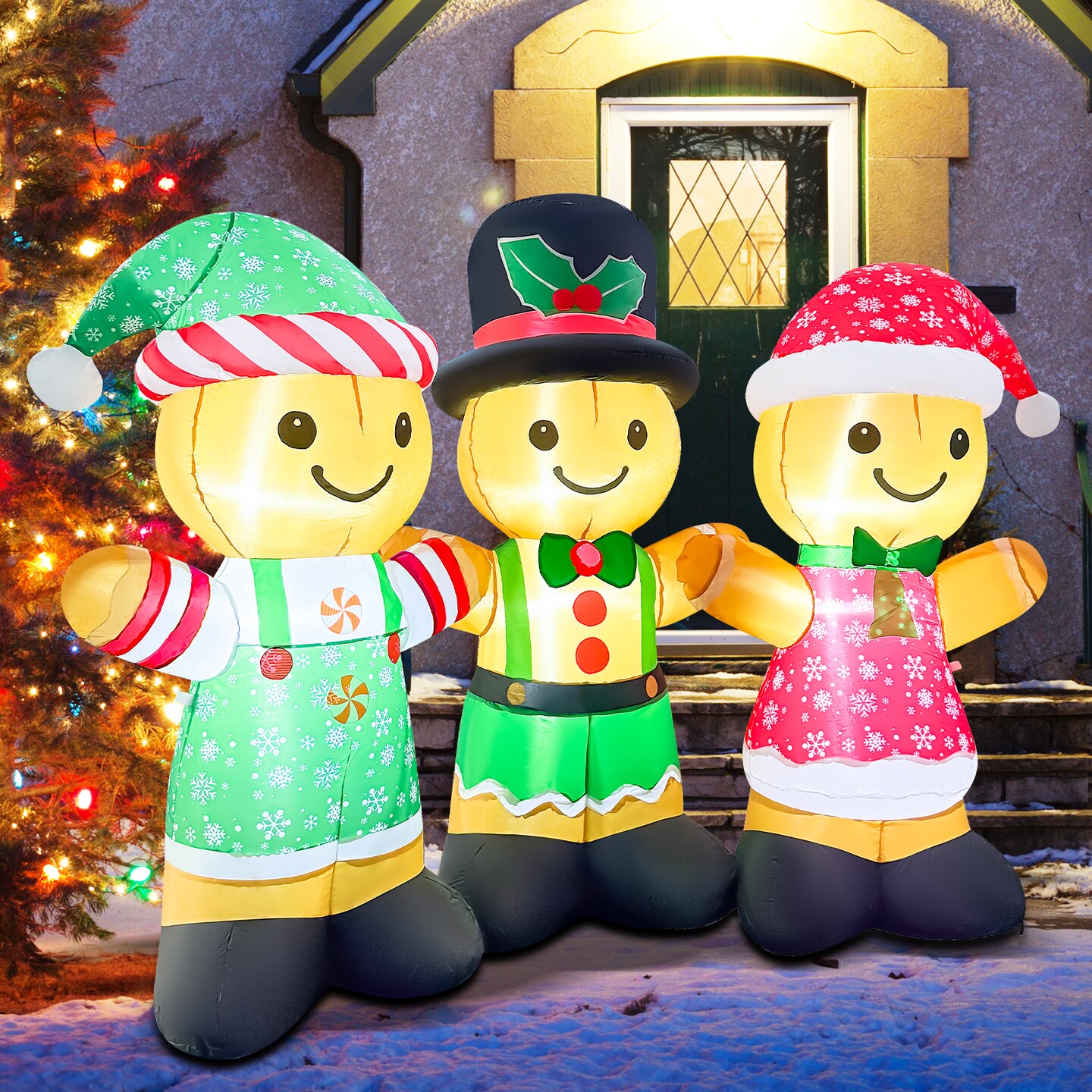 GOOSH 8FT Gingerbread Family Inflatable with LED Lights for Outdoor Christmas Décor