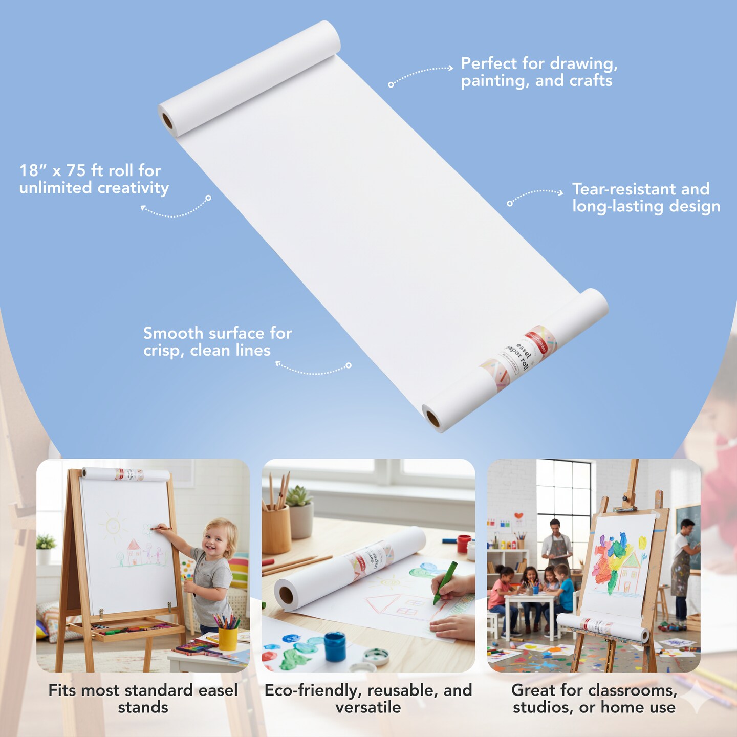 Incraftables Easel Paper Roll (18 Inches x 75 Feet). White Craft Paper Roll for Kids & Adults. Art Paper Roll for DIY Paints, Wall Art, Bulletin Board & Poster. Large Painting & Drawing Paper Roll