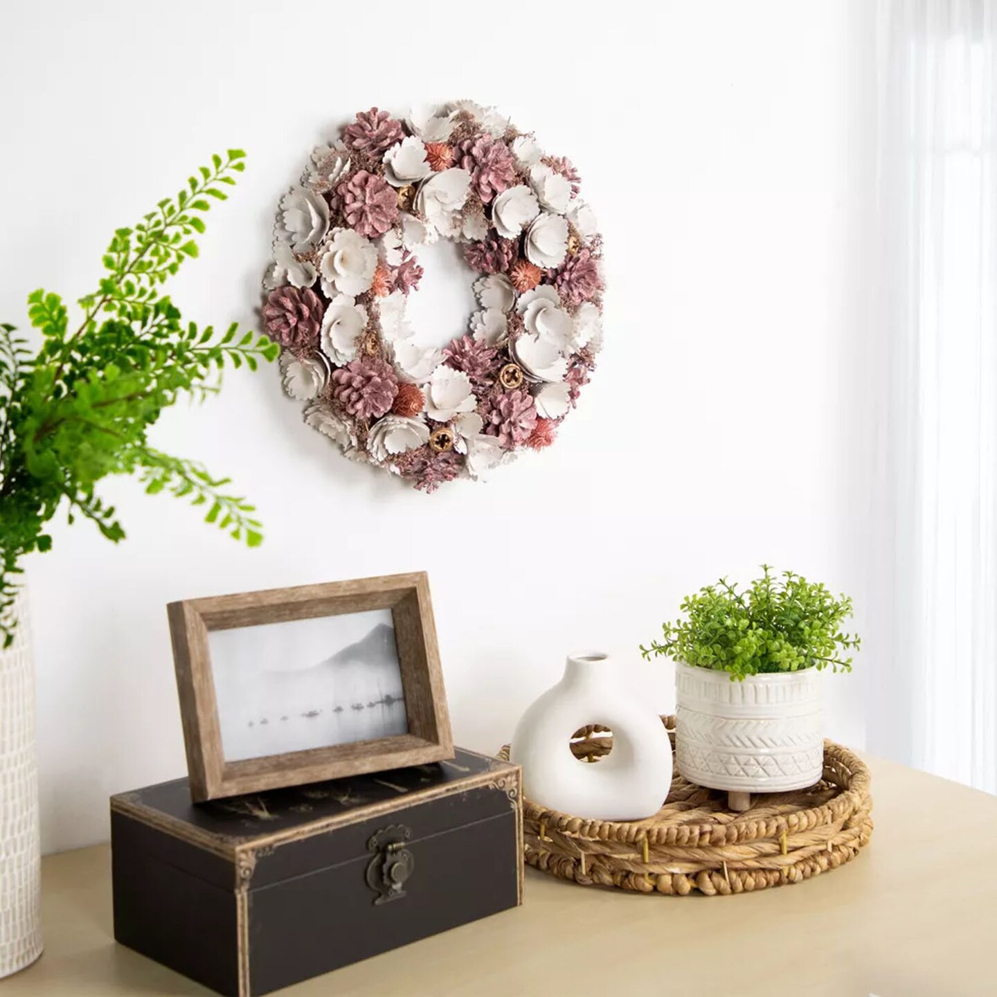 13" White and Pink Floral Christmas Wreath with Wooden Accents and Pinecones