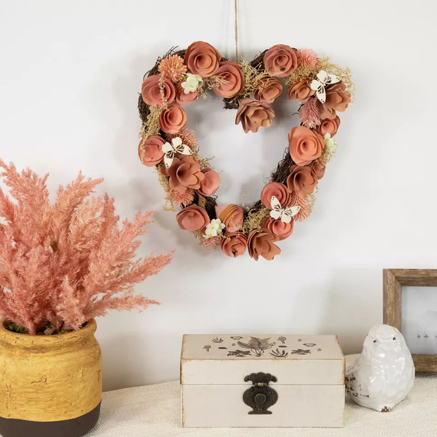 Pink Wooden Rose Heart Wreath with Butterflies 10" Spring Door Decor