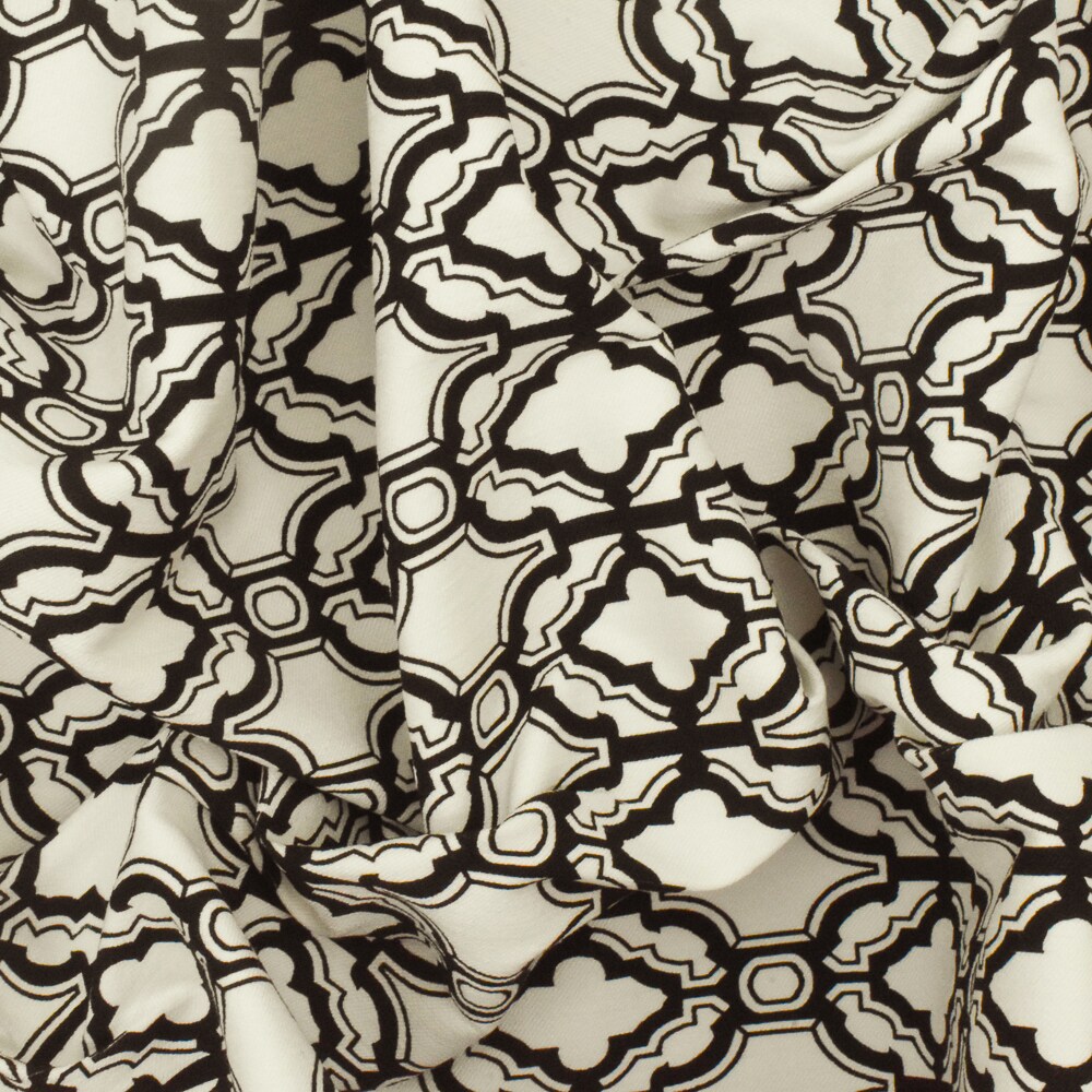Ivory-Black Fancy Quatrefoil Printed Stretch Twill Woven Fabric By the Yard