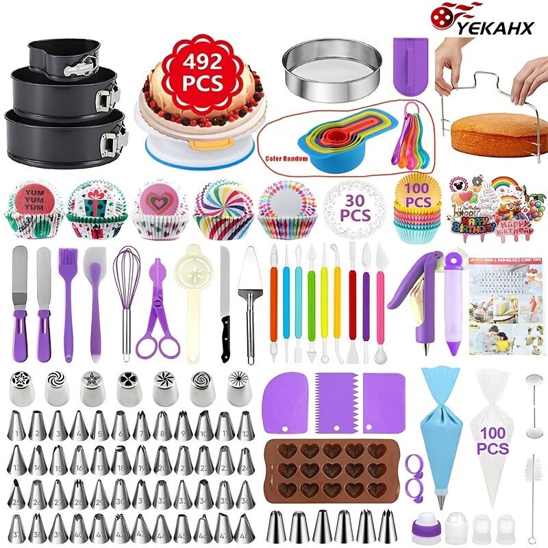 492 pc Cake Decorating Set with Rotating Turntable and Reusable Piping