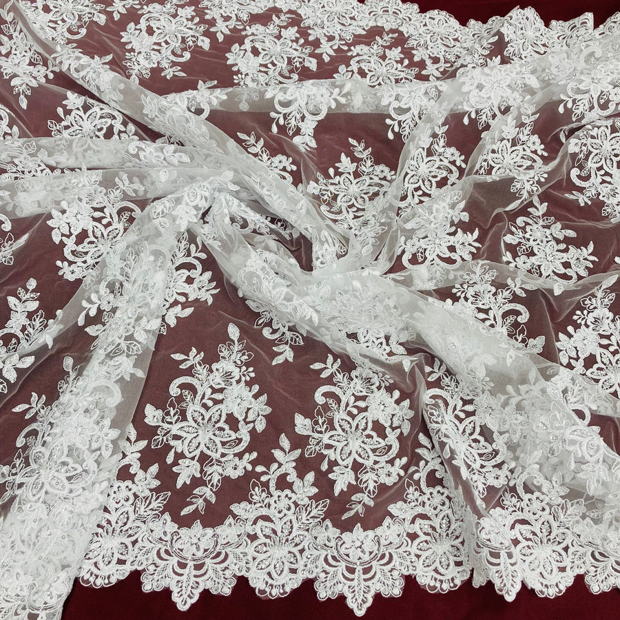 1 Yard Beaded and Corded Bridal Lace Fabric Embroidered on Polyester Net Mesh