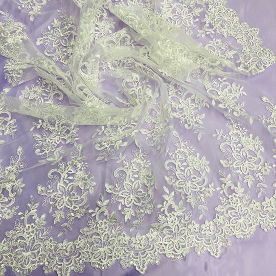1 Yard Corded Bridal Lace Fabric Embroidered on 100% Polyester Net Mesh 54" Wide