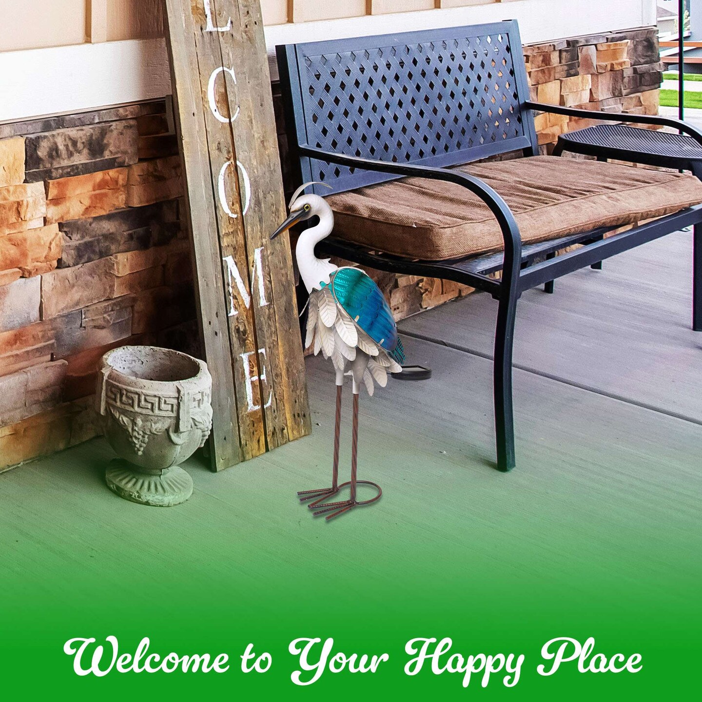 G128 Solar Metal Heron Garden Statue | 24 in Coastal Ocean Bird Outdoor Decor with LED Lights, Colorful Yard Art for Lawn Patio Backyard